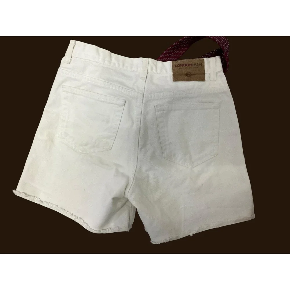 London Jean Womens White‎ High Rise Frayed Raw Hem Denim Shorts Tie Belt Size 6